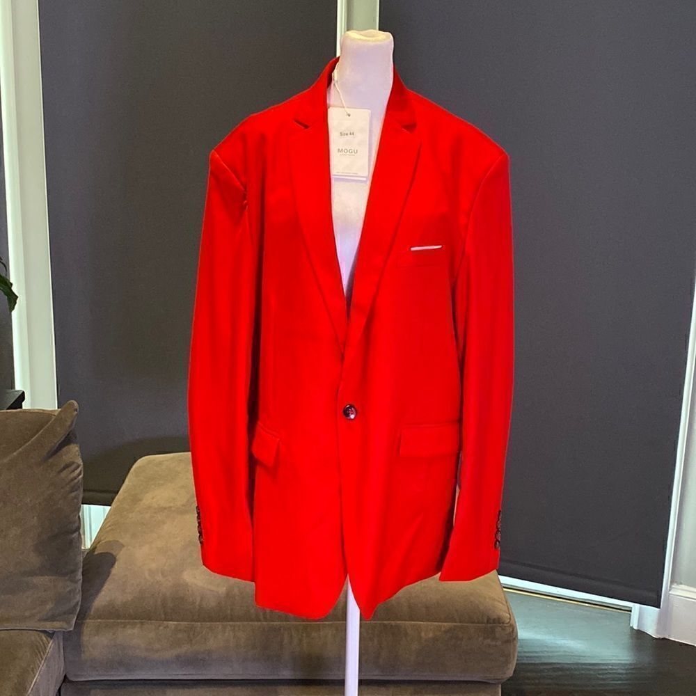 Men’s Mogu Red Suit Jacket Blazer One Button Notched Lapel Size 44 NWT